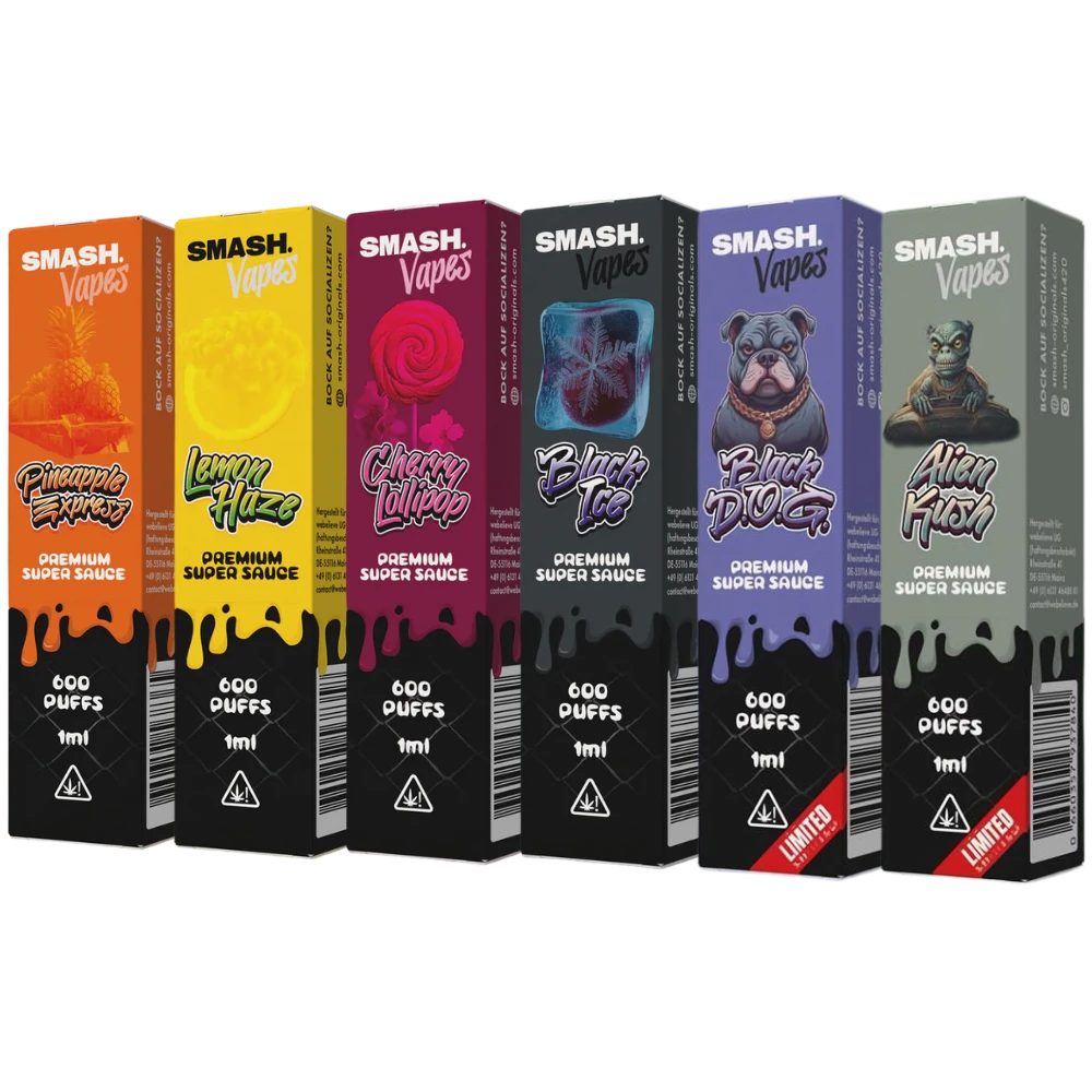SMASH Premium Super Sauce Vape 1ml Legal, THC-frei & 600 Zge SMASH Premium Super Sauce Vape 1ml Legal, THC-frei & 600 Zge