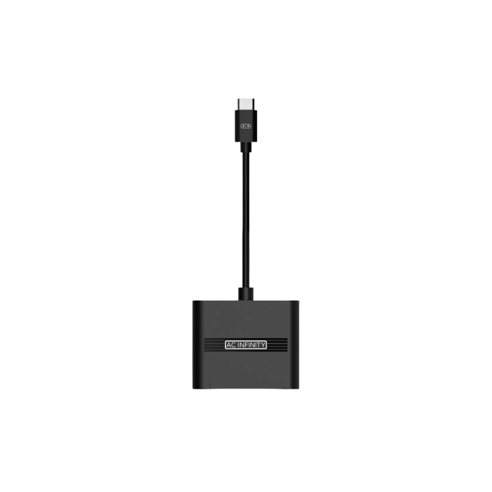 AC Infinity UIS Splitter Hub 4-Port mit langem Kabel und USB-C-Stecker, schwarzes Gehäuse, kompaktes Design, Logo vorn