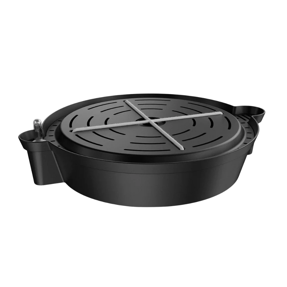 AC Infinity Bewässerungsbasis XL schwarz mit rundem Wasserbehälter, Lüftungsschlitzen, Anschlussstutzen und Kreuzauflage