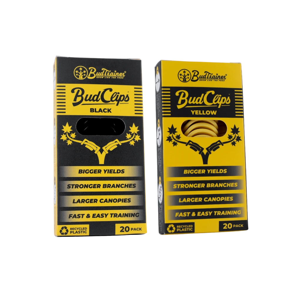 BudTrainer BudClips 20er-Pack in Schwarz und Gelb mit Pflanzenstützclips für stärkeres Wachstum und größere Kronen