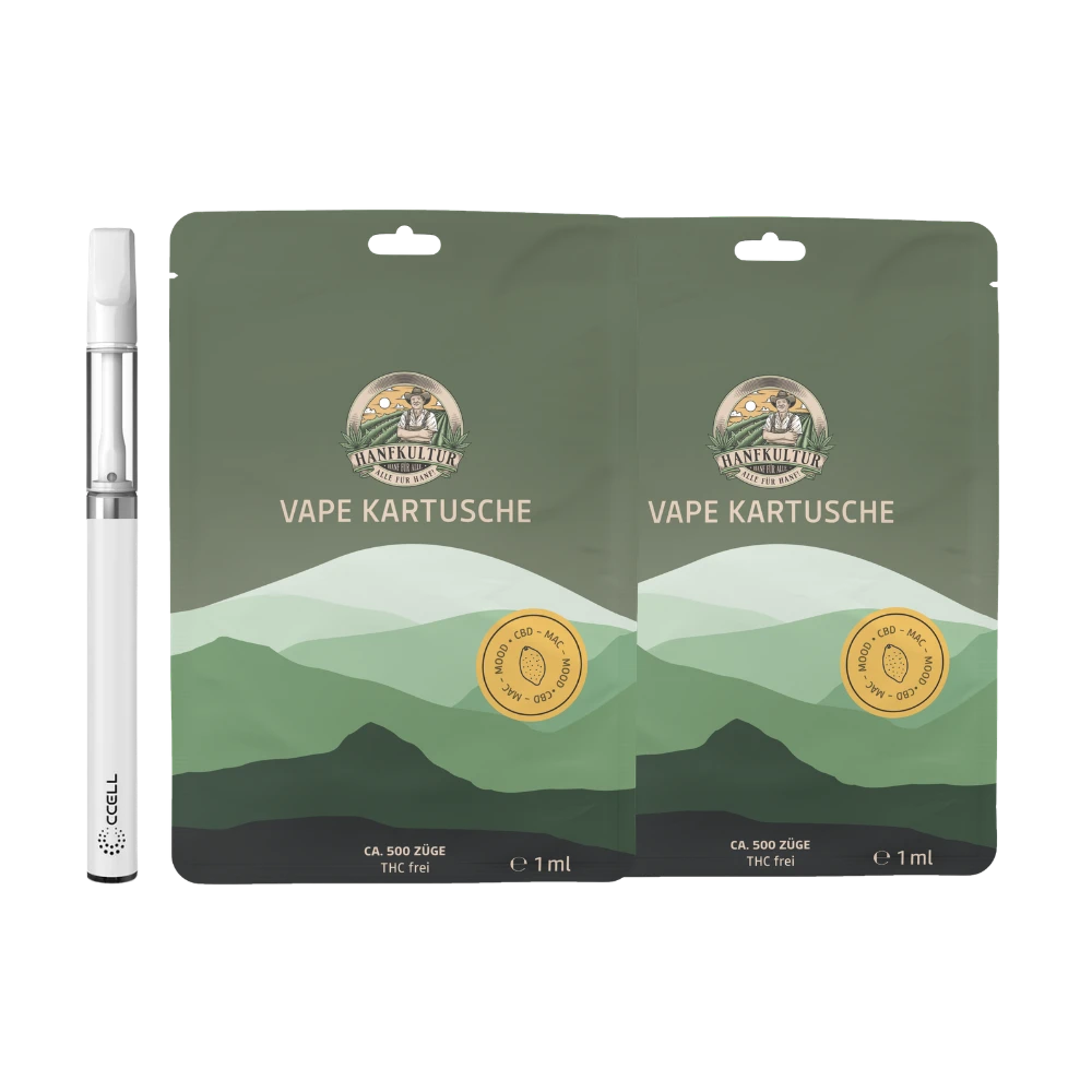 Hanfkultur CBD-Vape 2er Bundle mit zwei Vape-Kartuschen und weißem CCELL-Vape-Stick, 1 ml, THC-frei, ca. 500 Züge