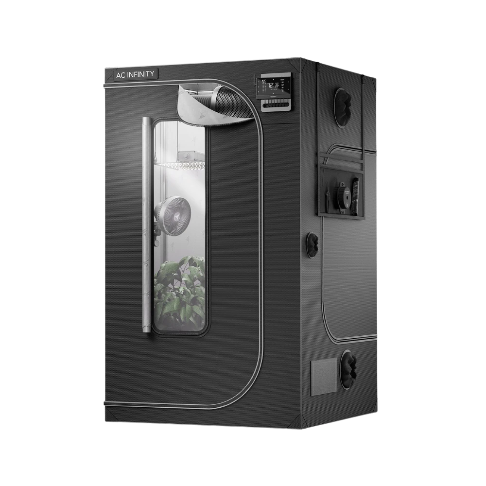 AC Infinity CLOUDLAB Grow-Zelt mit Sichtfenster, Lüftungsöffnungen, Steuerpanel, Innenventilator und Pflanzen im Inneren