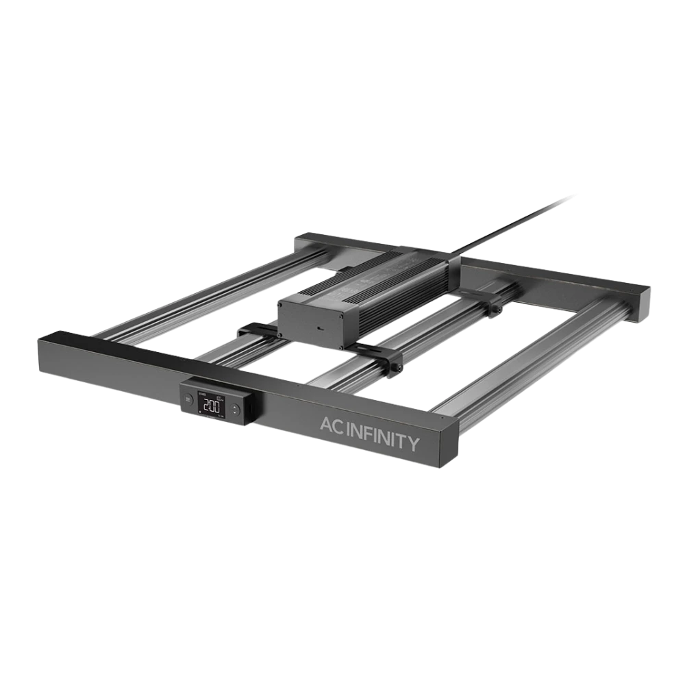 AC Infinity IONFRAME EVO4 LED Grow Light 300W mit Aluminiumrahmen und digitalem Steuerdisplay, freistehend dargestellt