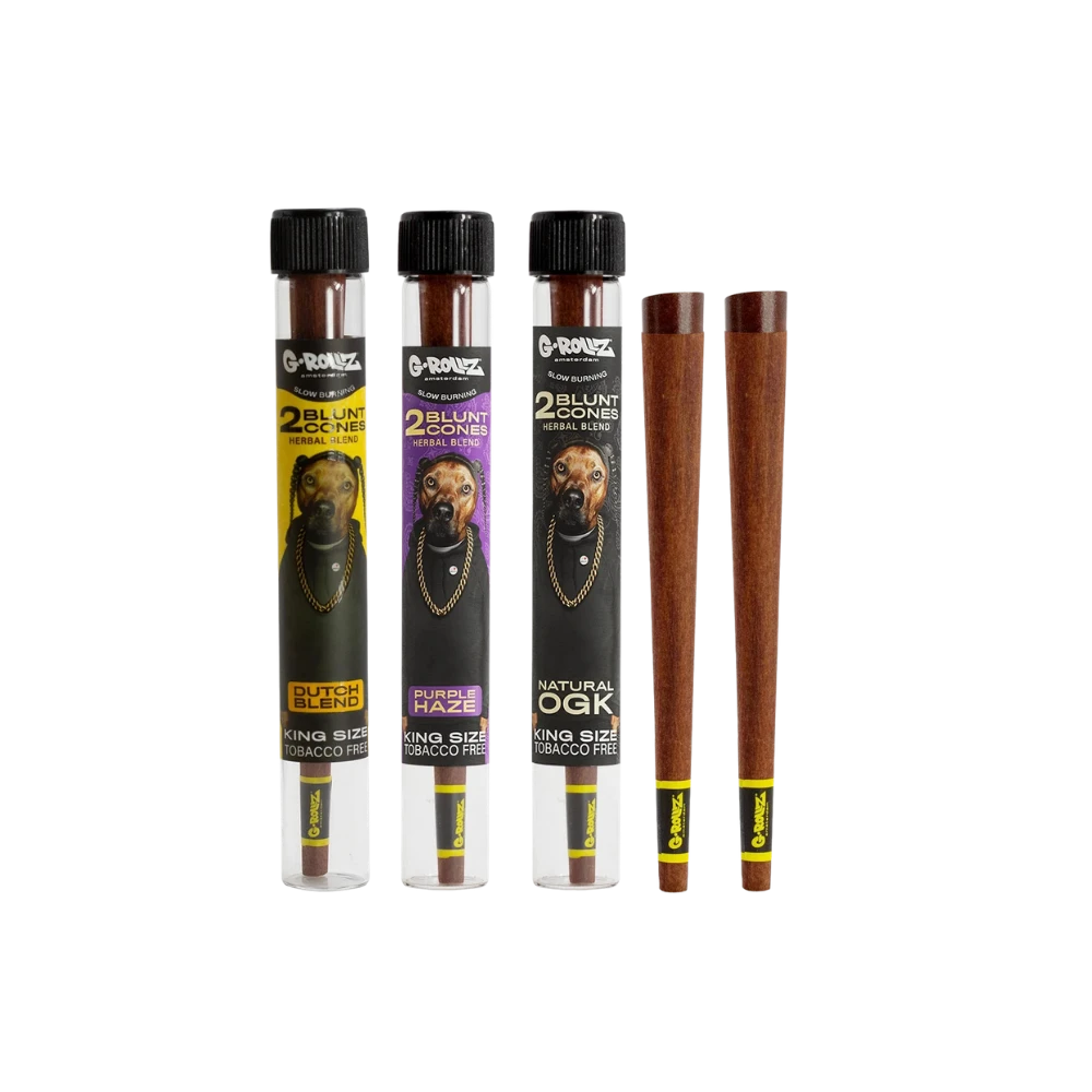 G-Rollz Terpene-infused Blunts in drei Röhrchen und zwei braune Blunts, Sorten Dutch Blend, Purple Haze, Natural OGK