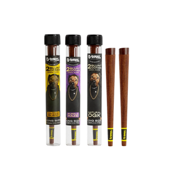 G-Rollz Terpene-infused Blunts in drei Röhrchen und zwei braune Blunts, Sorten Dutch Blend, Purple Haze, Natural OGK