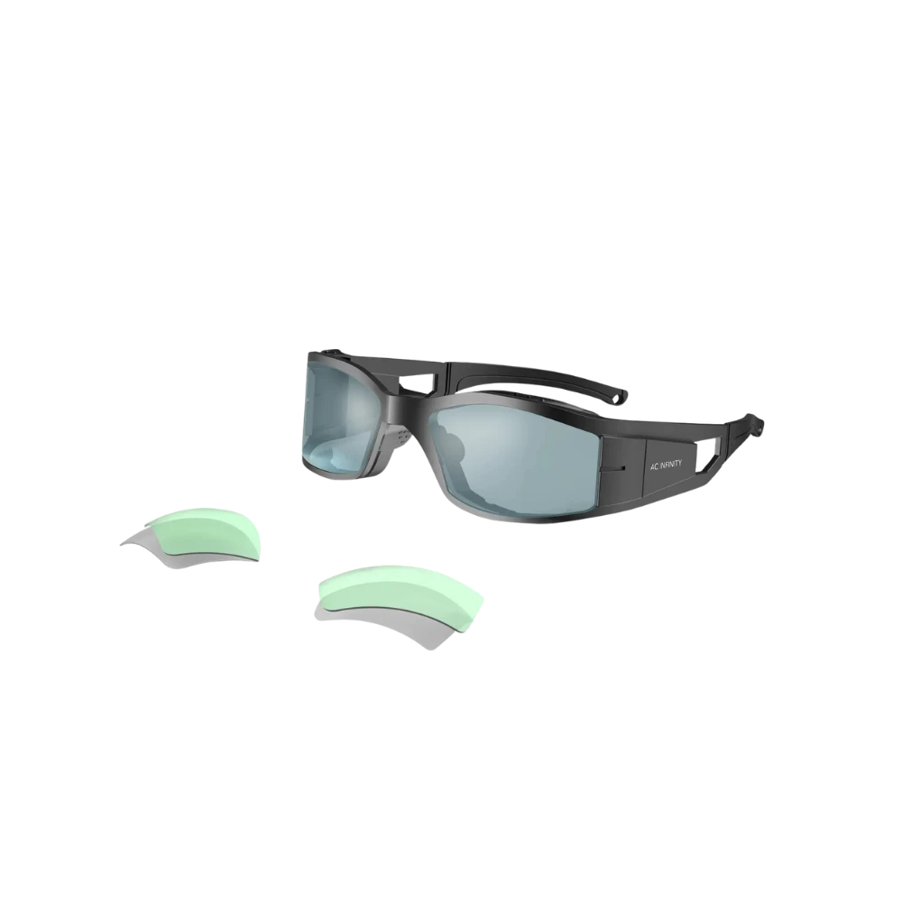 AC Infinity Grow Room Brille mit dunkelgrauem Rahmen, getönten Gläsern und zwei austauschbaren hellgrünen Einsatzlinsen