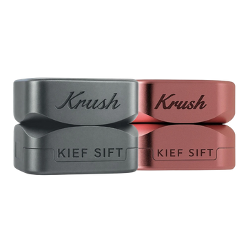 Krush KUBE 3.0 Kief Sift in Grau und Roségold, zwei Boxen mit graviertem Krush-Logo, kompakt und metallisch glänzend