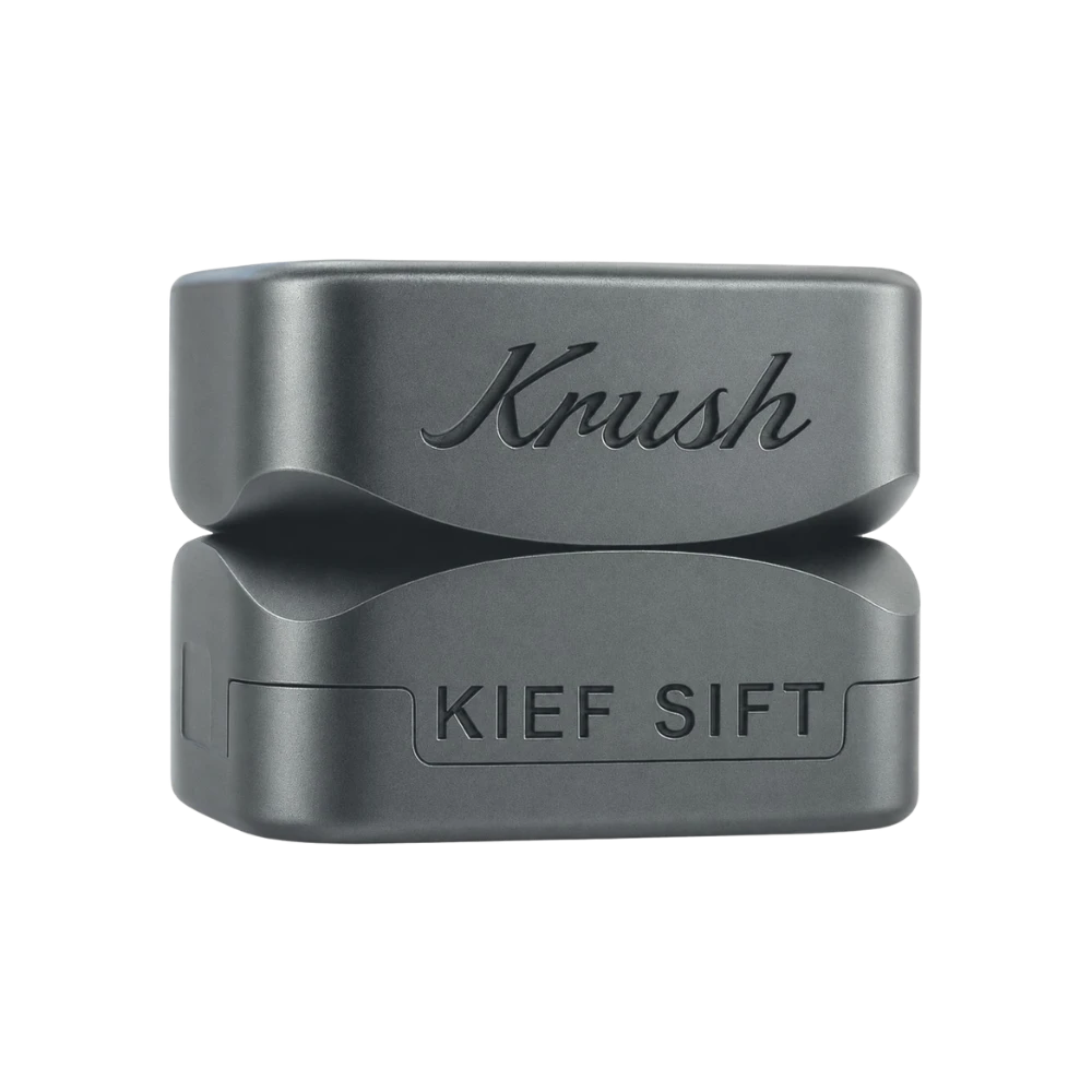 Krush KUBE 3.0 Kief-Sieb aus Metall in Grau mit zwei stapelbaren Modulen und geprägtem Krush-Logo