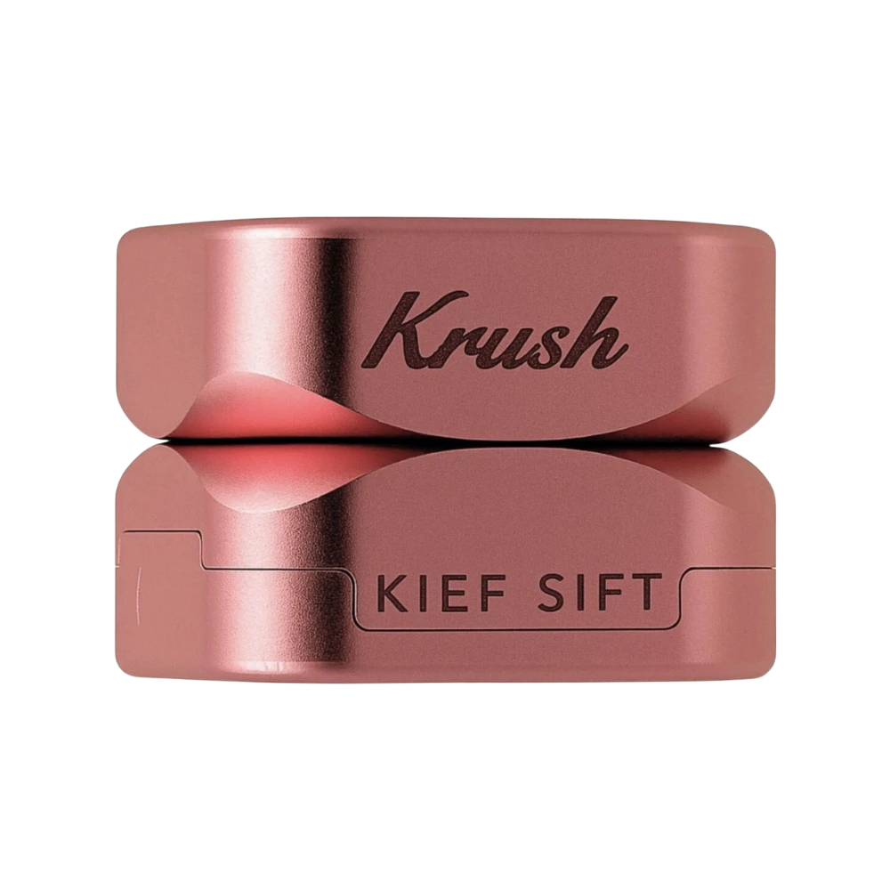 Roségoldener Krush KUBE 3.0 Kief Sift Grinder mit zwei Teilen und glänzender Metalloberfläche, kompakt und rechteckig