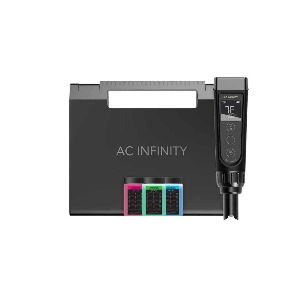 AC Infinity pH-Meter PRO Kit mit schwarzer Tragetasche, digitalem Messgerät und drei Kalibrierflaschen in Rot Grün Blau