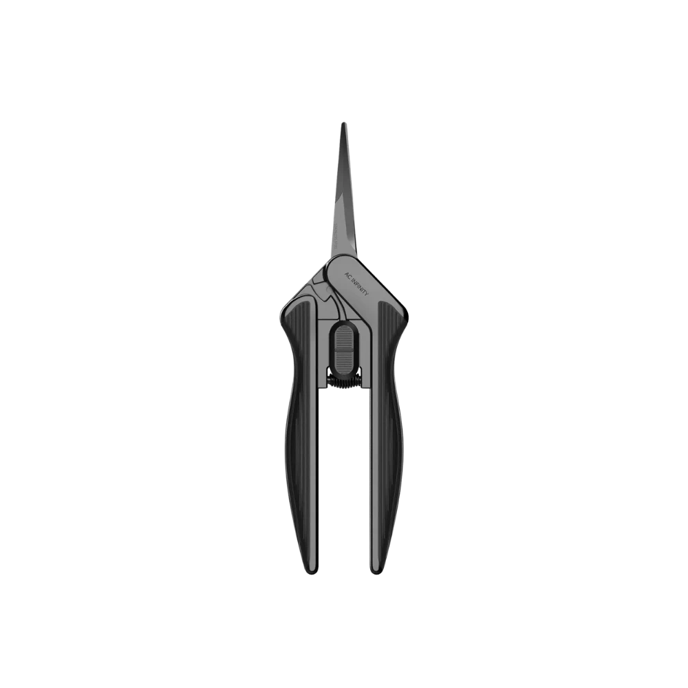 AC Infinity Trimmschere aus Edelstahl mit schwarzem Griff, schmaler Klinge und Federmechanik für präzisen Pflanzenschnitt